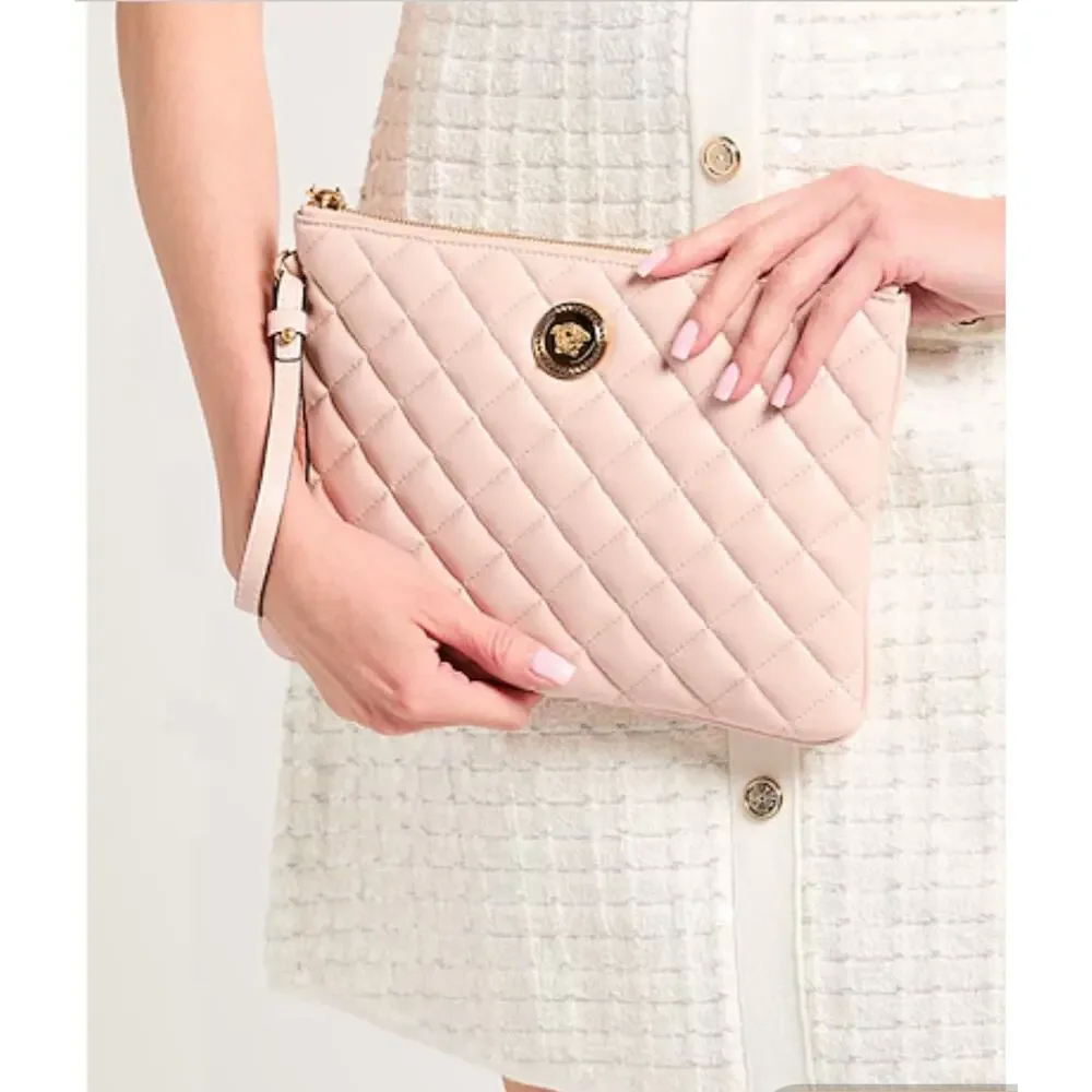 NWT Versace Medusa Clutch Quilted Leather Light Pink Pouch Wristlet 10